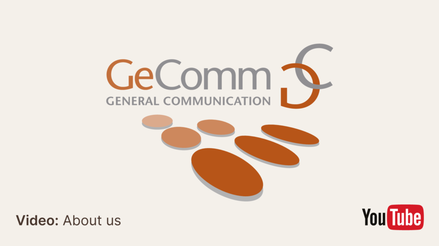 Start image of the video image with shape logo and the headline: Video About us. Background is beige. The managing director of Gecomm General Communication explains his idea for B2B trade communication between Europe, West Africa and India in a short film